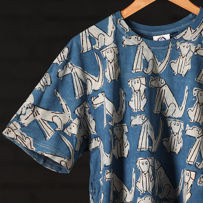 Blue - Bindaas Block Art Printed Cotton Round Neck T-shirt