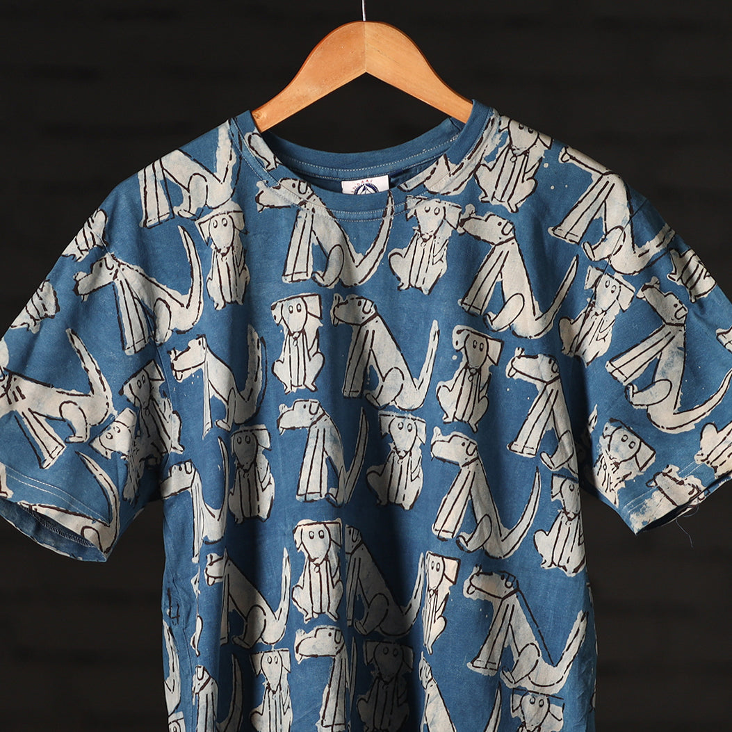 Blue - Bindaas Block Art Printed Cotton Round Neck T-shirt