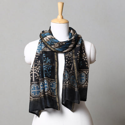 Black - Pipad Block Printed Chanderi Silk Handloom Stole