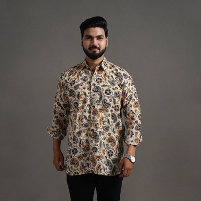 Beige - Pedana Block Print Cotton Men Kalamkari Shirt 06
