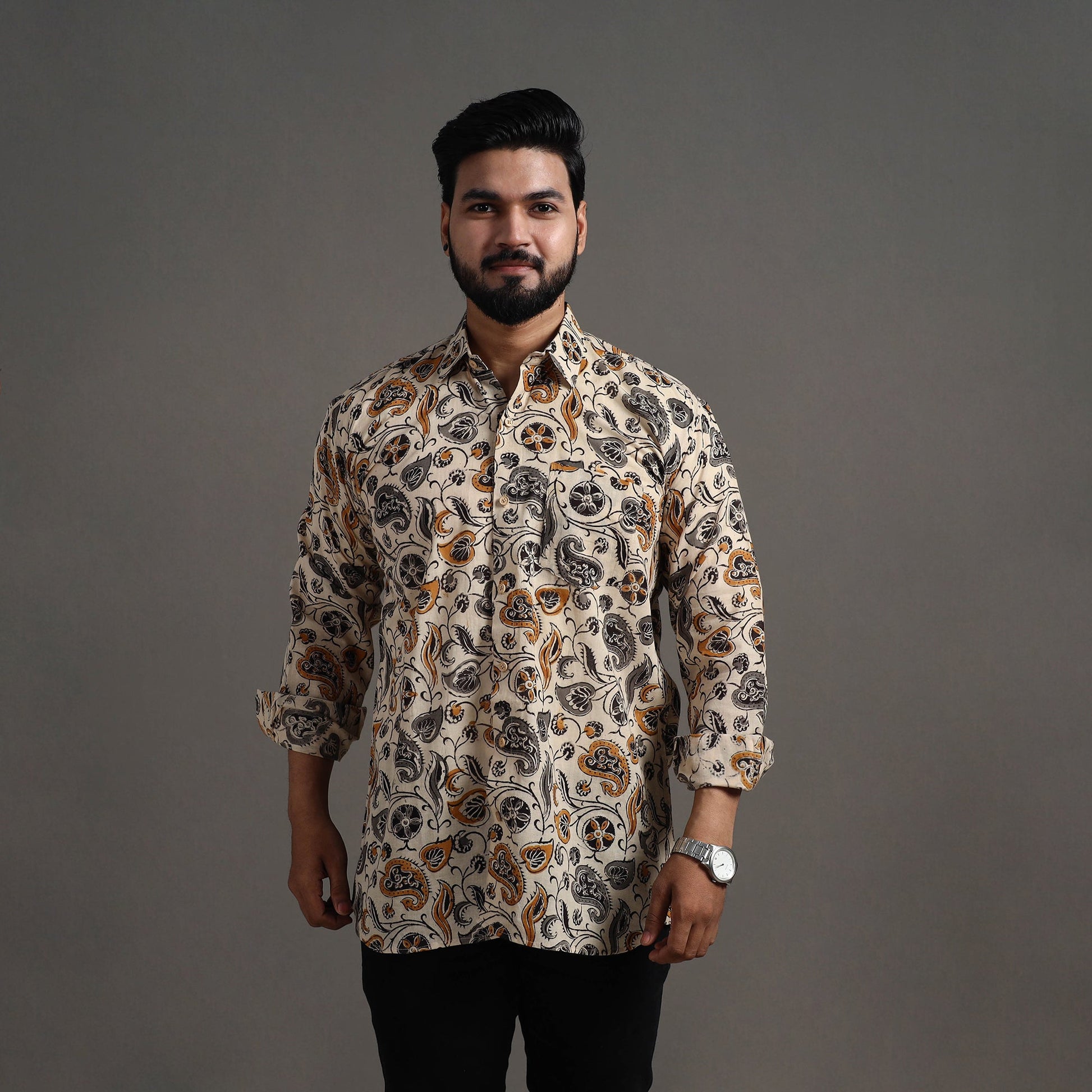 Beige - Pedana Block Print Cotton Men Kalamkari Shirt 06