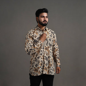 Beige - Pedana Block Print Cotton Men Kalamkari Shirt 06