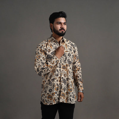 Beige - Pedana Block Print Cotton Men Kalamkari Shirt 06