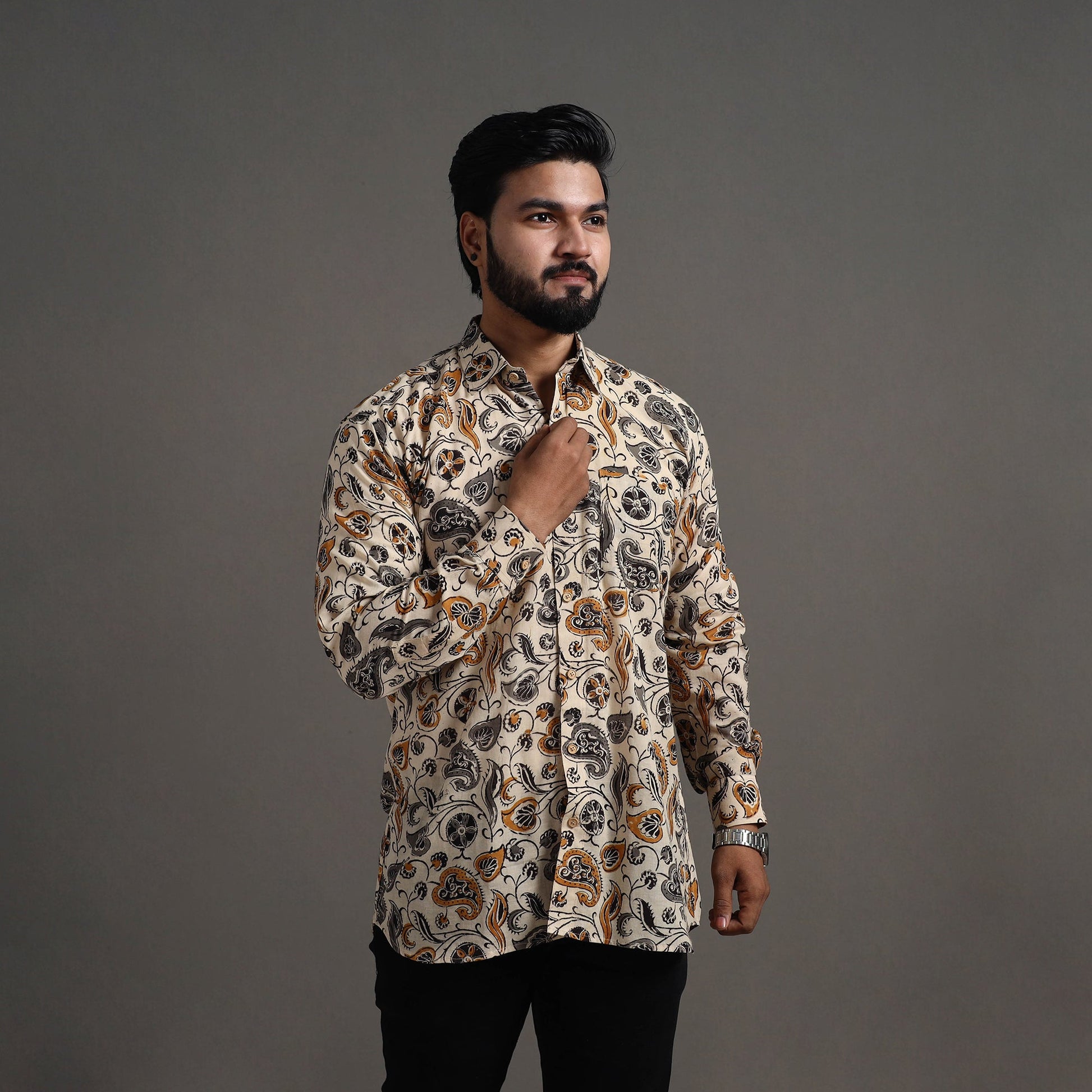 Beige - Pedana Block Print Cotton Men Kalamkari Shirt 06