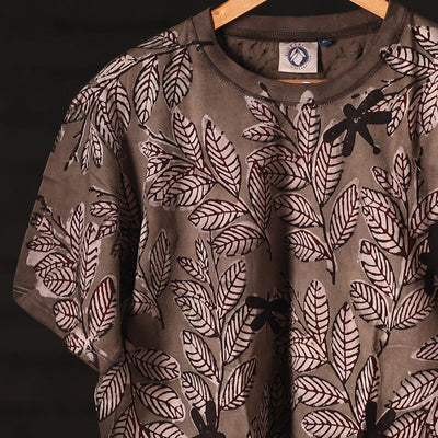 Brown - Bindaas Natural Dyed Art Block Print Round Neck T-shirt in Pure Cotton