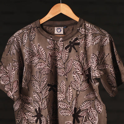 Brown - Bindaas Natural Dyed Art Block Print Round Neck T-shirt in Pure Cotton