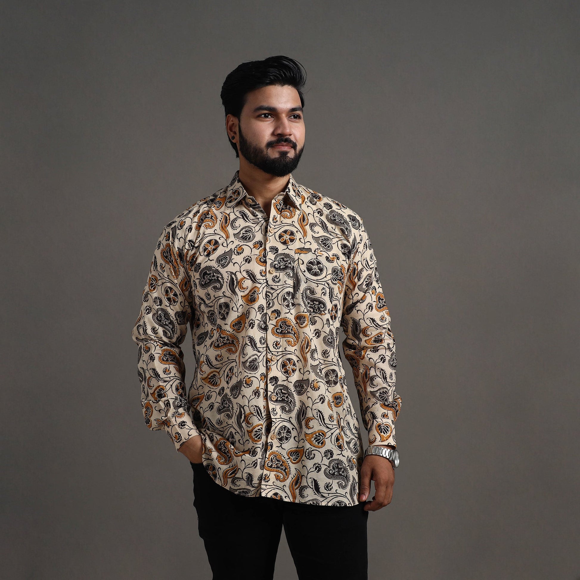 Beige - Pedana Block Print Cotton Men Kalamkari Shirt 06