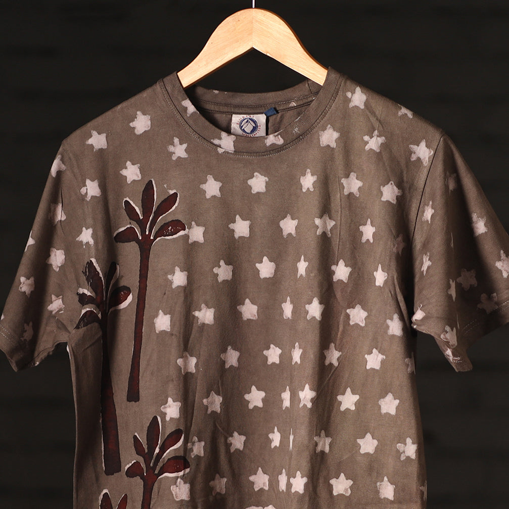 Brown - Bindaas Natural Dyed Art Block Print Round Neck T-shirt in Pure Cotton