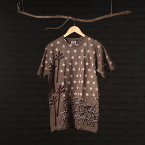 Brown - Bindaas Natural Dyed Art Block Print Round Neck T-shirt in Pure Cotton