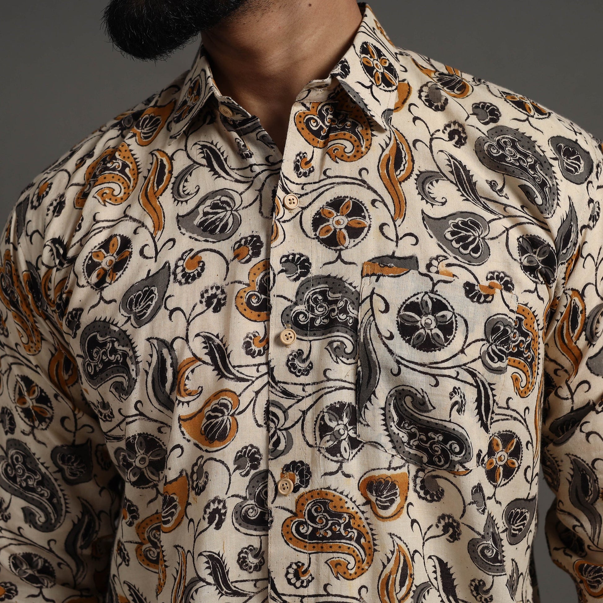 Beige - Pedana Block Print Cotton Men Kalamkari Shirt 06