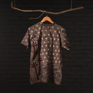 Brown - Bindaas Natural Dyed Art Block Print Round Neck T-shirt in Pure Cotton