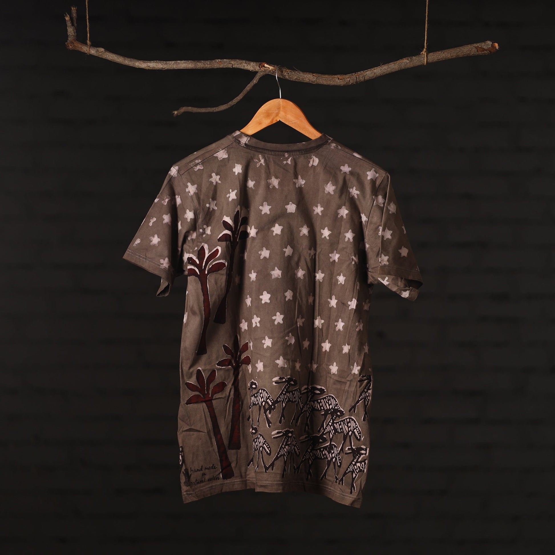 Brown - Bindaas Natural Dyed Art Block Print Round Neck T-shirt in Pure Cotton