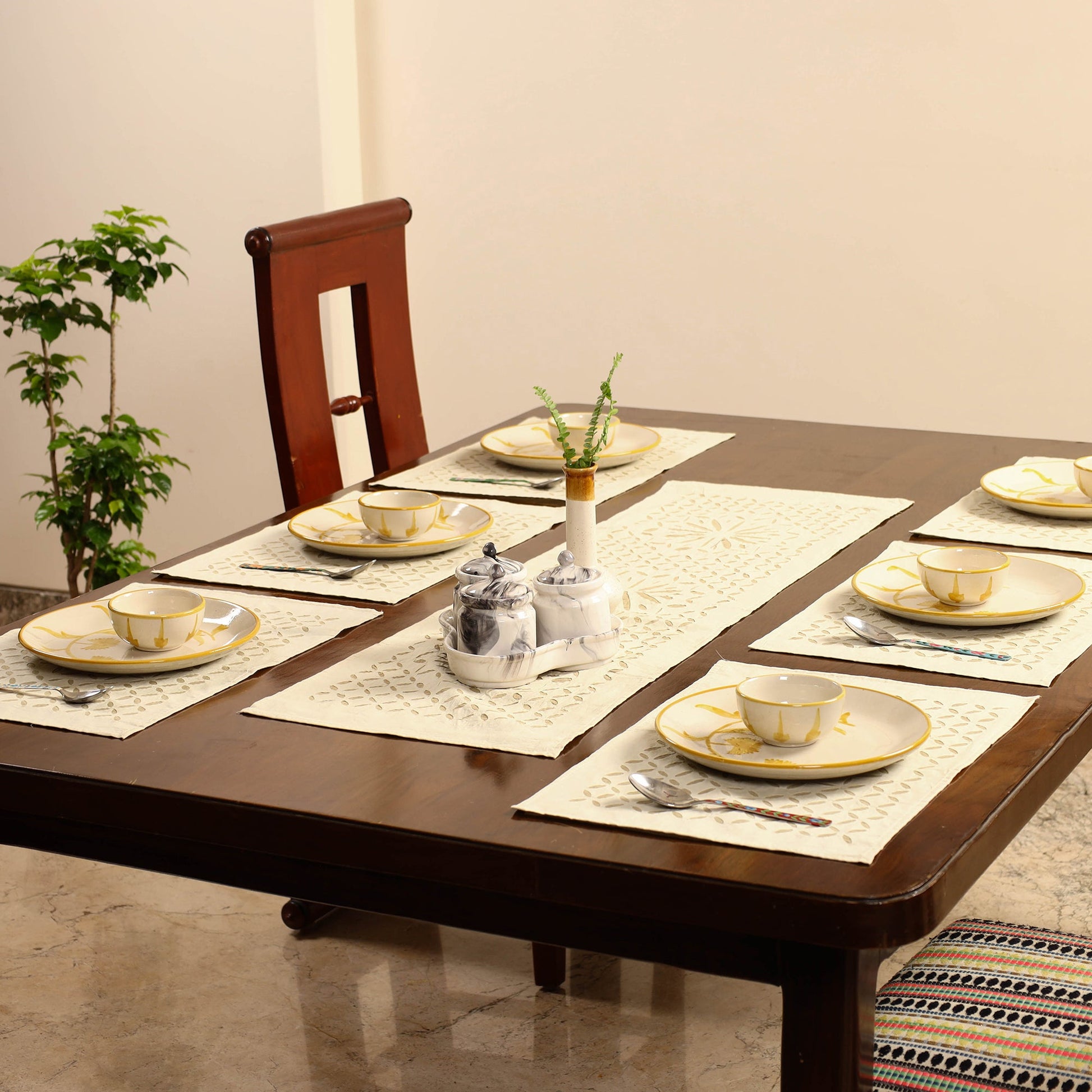 Beige - Applique Cut Work Table Runner with Table Mat Set 42