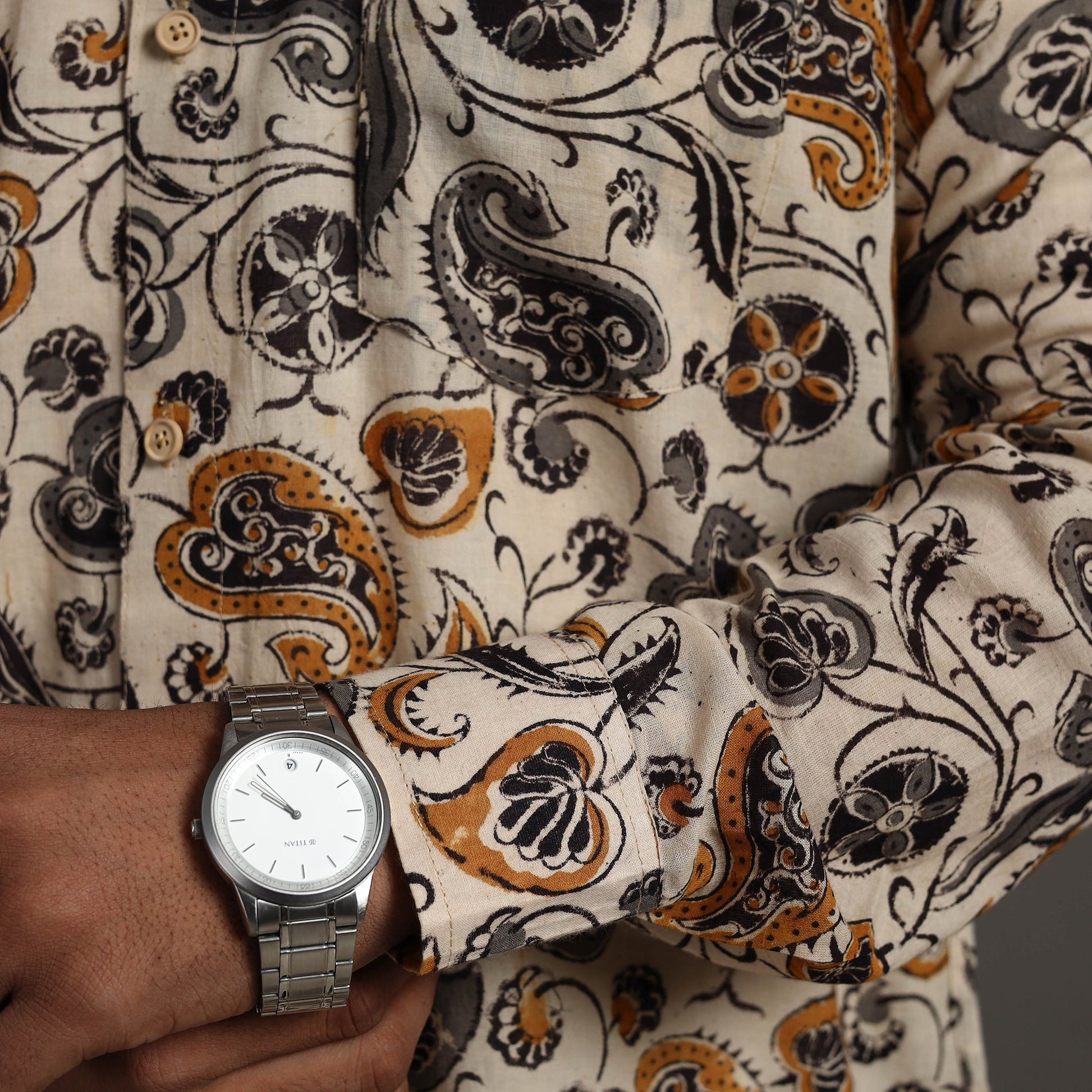 Beige - Pedana Block Print Cotton Men Kalamkari Shirt 06