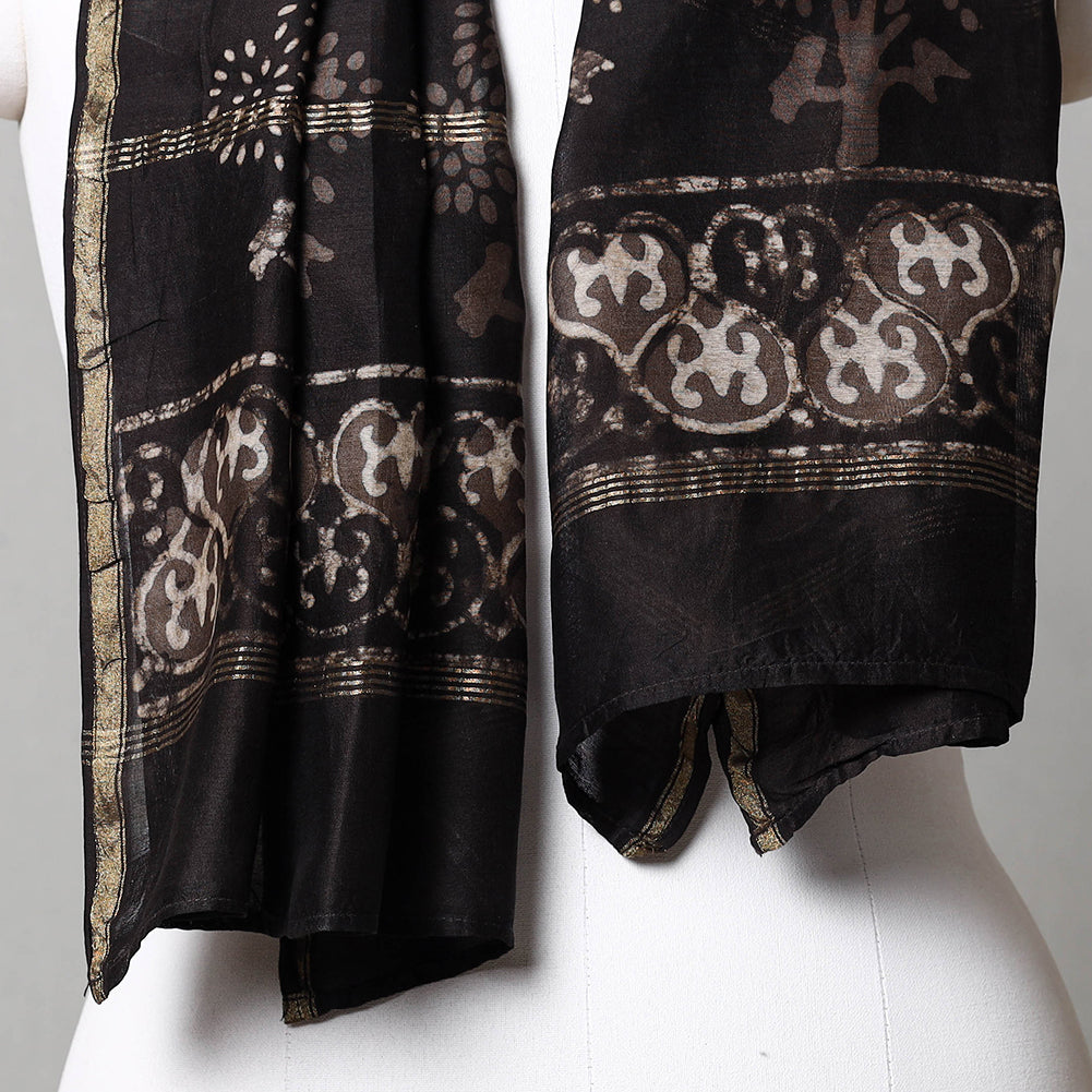 Black - Pipad Block Printed Chanderi Silk Handloom Stole