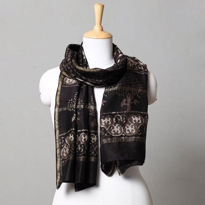 Black - Pipad Block Printed Chanderi Silk Handloom Stole