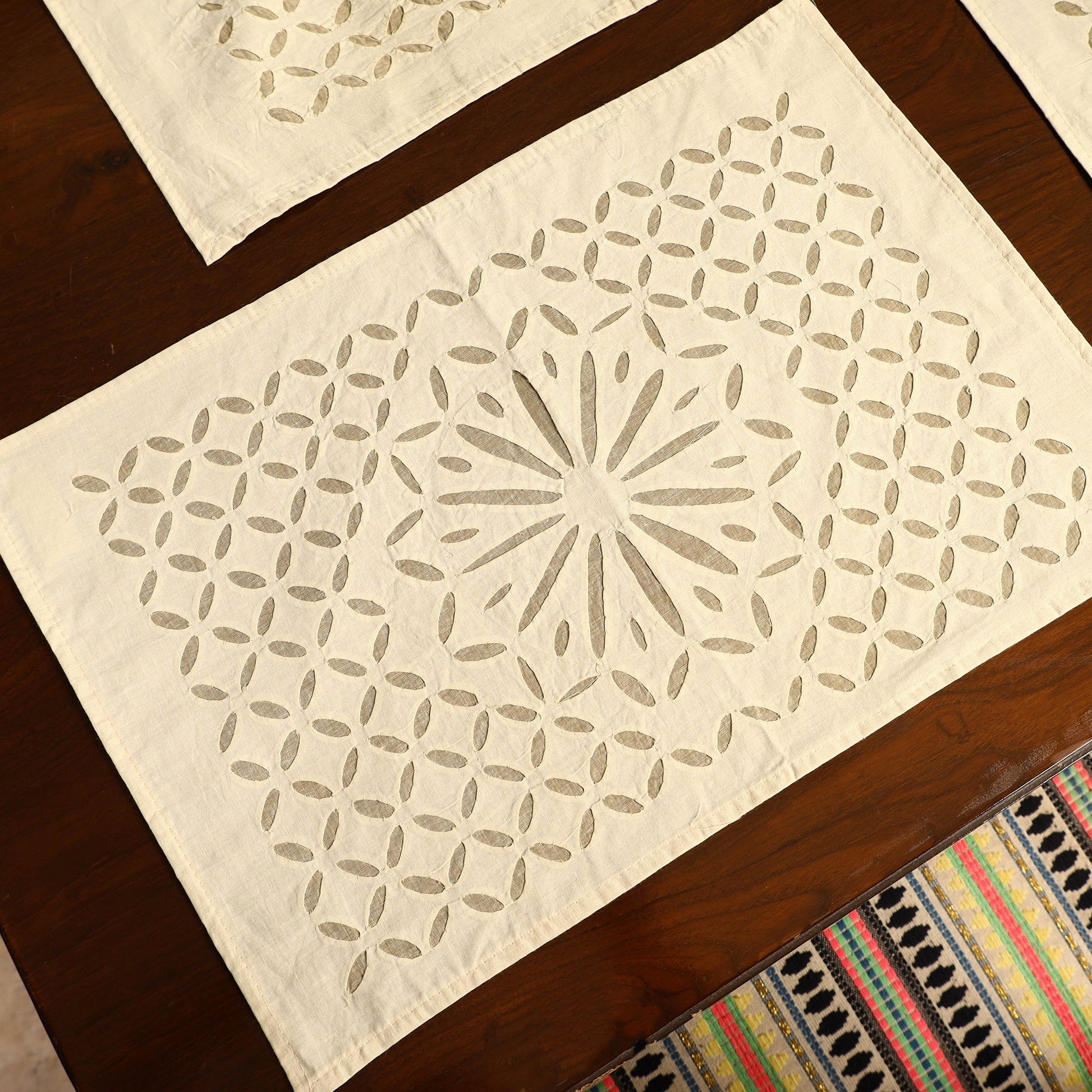 Beige - Applique Cut Work Table Runner with Table Mat Set 42