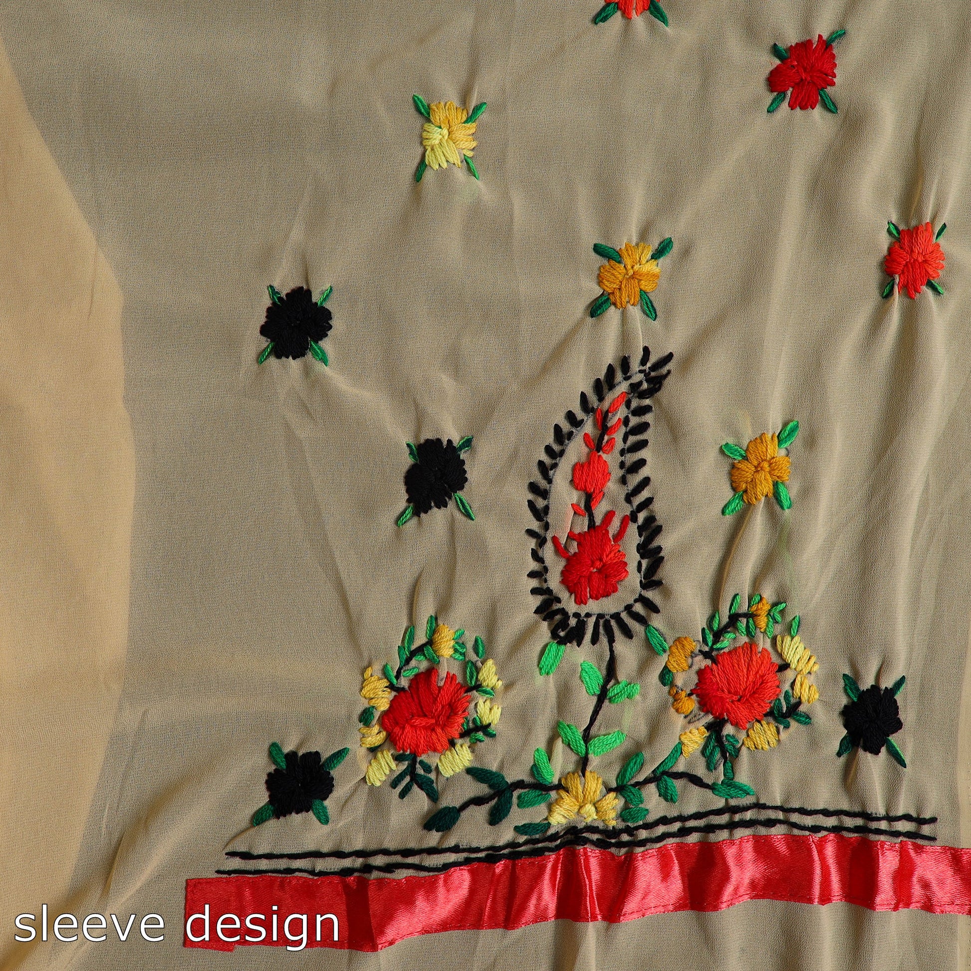 Brown - 3pc Hand Embroidery Georgette Phulkari Dress Material 48