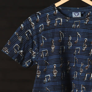 Blue - Bindaas Natural Dyed Art Block Print Round Neck T-shirt in Pure Cotton