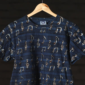 Blue - Bindaas Natural Dyed Art Block Print Round Neck T-shirt in Pure Cotton