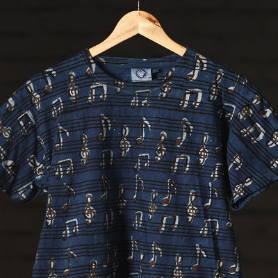 Blue - Bindaas Natural Dyed Art Block Print Round Neck T-shirt in Pure Cotton