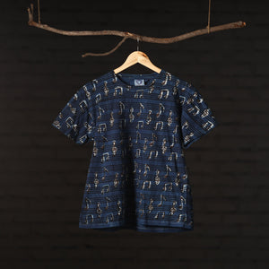 Blue - Bindaas Natural Dyed Art Block Print Round Neck T-shirt in Pure Cotton