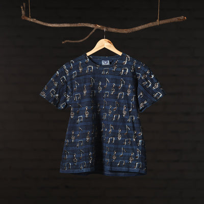 Blue - Bindaas Natural Dyed Art Block Print Round Neck T-shirt in Pure Cotton