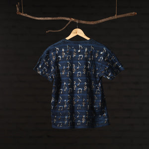 Blue - Bindaas Natural Dyed Art Block Print Round Neck T-shirt in Pure Cotton