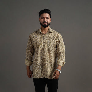 Beige - Pedana Kalamkari Block Print Cotton Men Full Sleeve Shirt