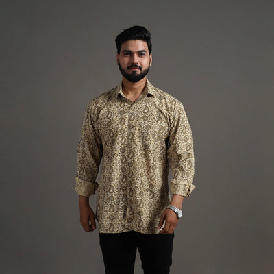Beige - Pedana Kalamkari Block Print Cotton Men Full Sleeve Shirt