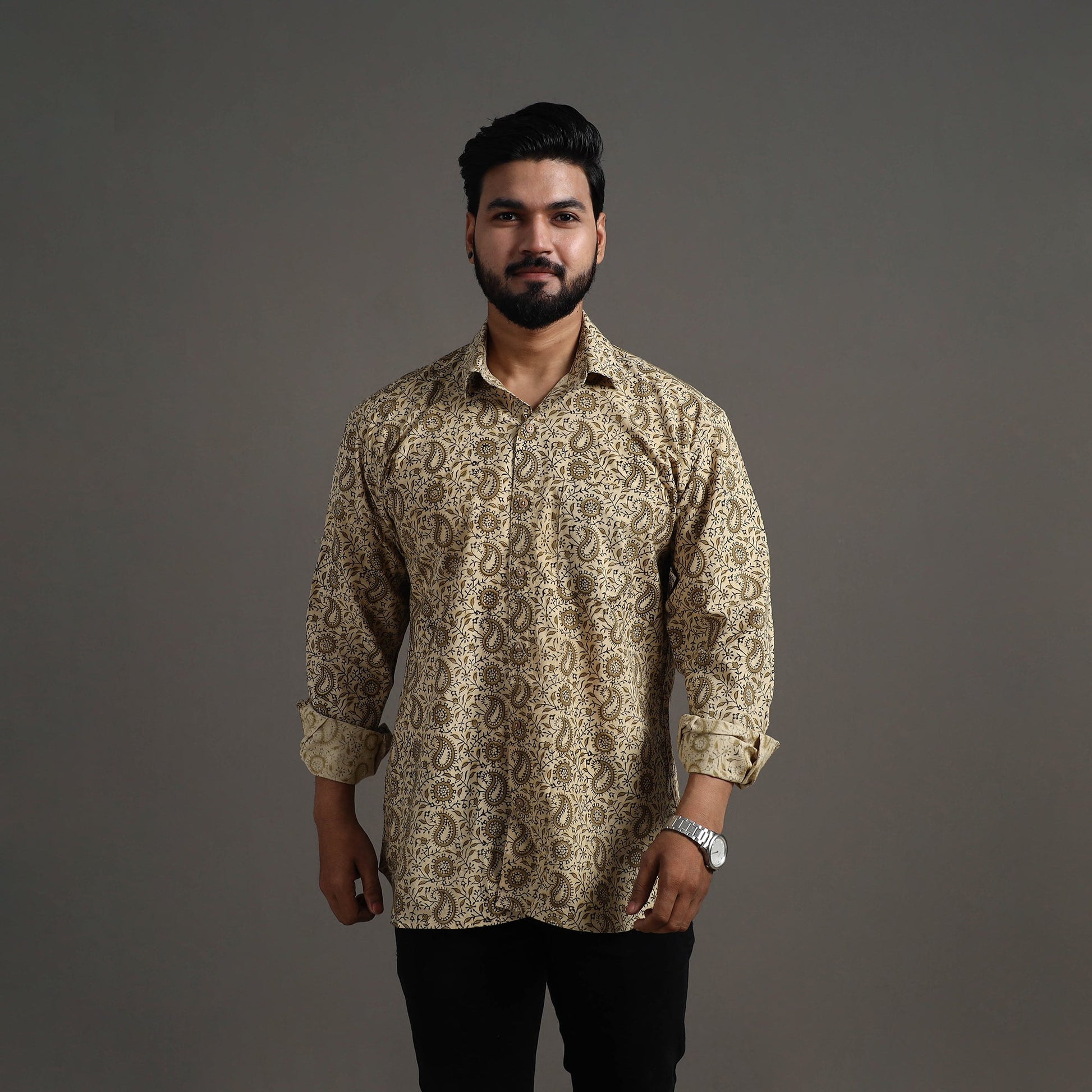 Beige - Pedana Kalamkari Block Print Cotton Men Full Sleeve Shirt