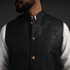 Black - Vidarbha Tussar x Ghicha Silk Handloom Nehru Jacket 01