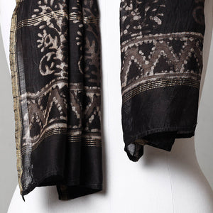 Black - Pipad Block Printed Chanderi Silk Handloom Stole