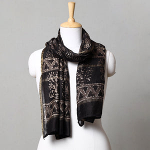 Black - Pipad Block Printed Chanderi Silk Handloom Stole