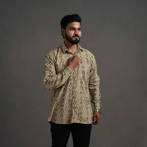 Beige - Pedana Kalamkari Block Print Cotton Men Full Sleeve Shirt