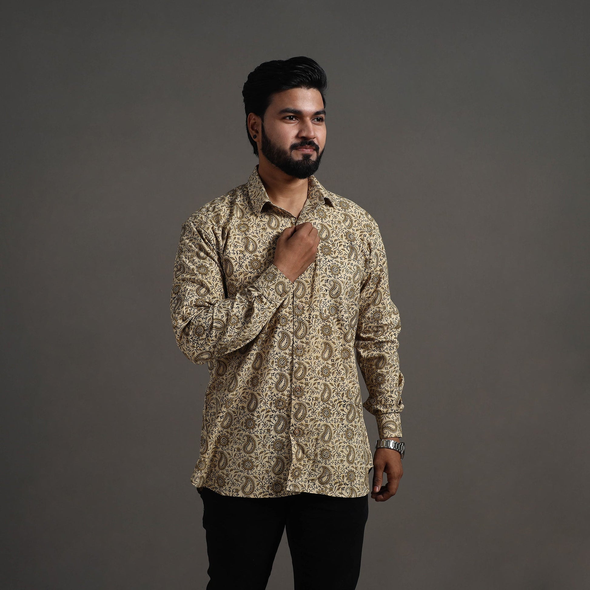 Beige - Pedana Kalamkari Block Print Cotton Men Full Sleeve Shirt