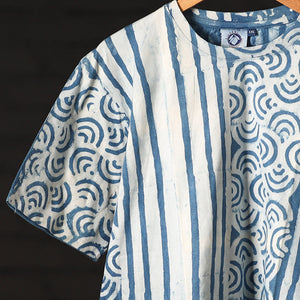 Blue - Bindaas Natural Dyed Art Block Print Round Neck T-shirt in Pure Cotton