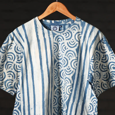 Blue - Bindaas Natural Dyed Art Block Print Round Neck T-shirt in Pure Cotton
