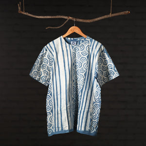 Blue - Bindaas Natural Dyed Art Block Print Round Neck T-shirt in Pure Cotton