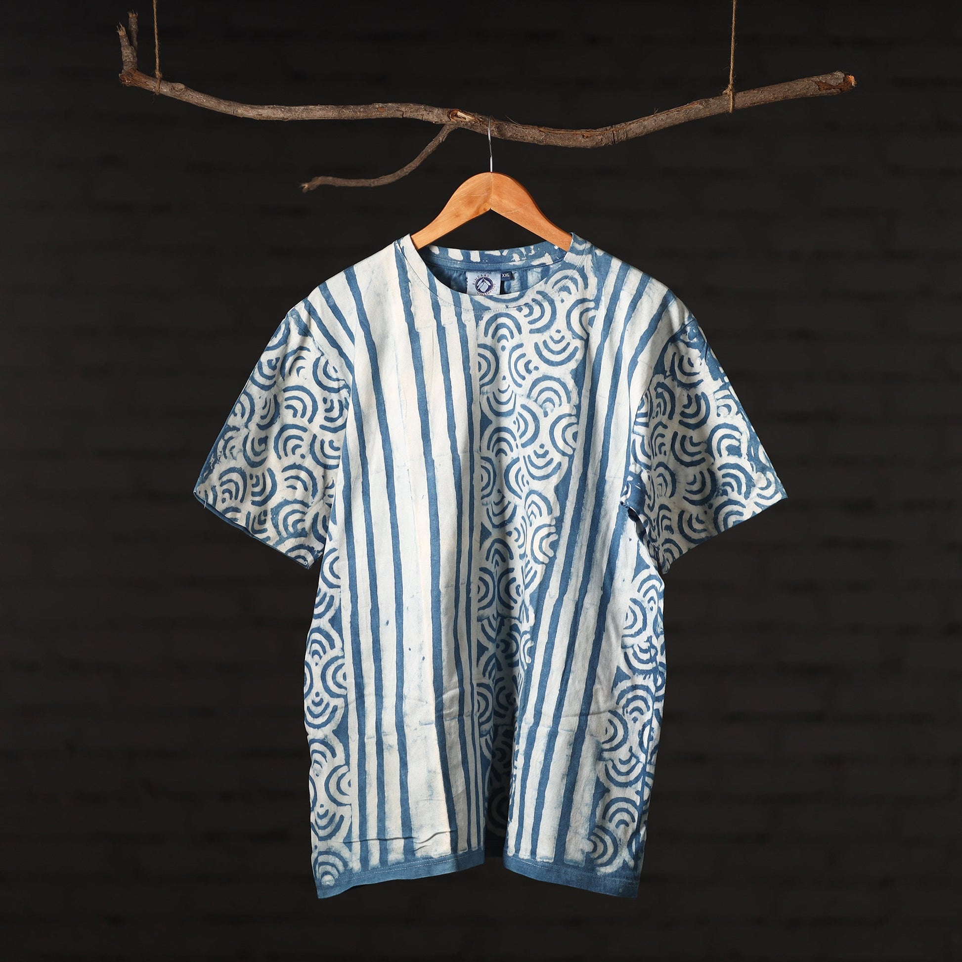 Blue - Bindaas Natural Dyed Art Block Print Round Neck T-shirt in Pure Cotton