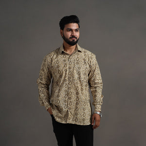Beige - Pedana Kalamkari Block Print Cotton Men Full Sleeve Shirt