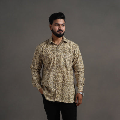 Beige - Pedana Kalamkari Block Print Cotton Men Full Sleeve Shirt