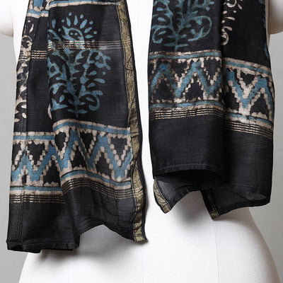 Black - Pipad Block Printed Chanderi Silk Handloom Stole