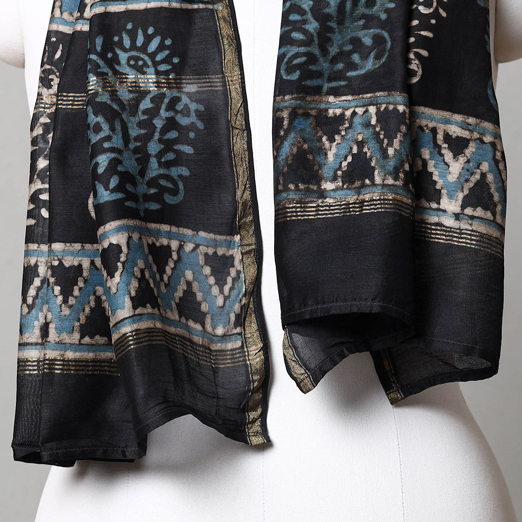 Black - Pipad Block Printed Chanderi Silk Handloom Stole