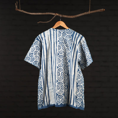 Blue - Bindaas Natural Dyed Art Block Print Round Neck T-shirt in Pure Cotton