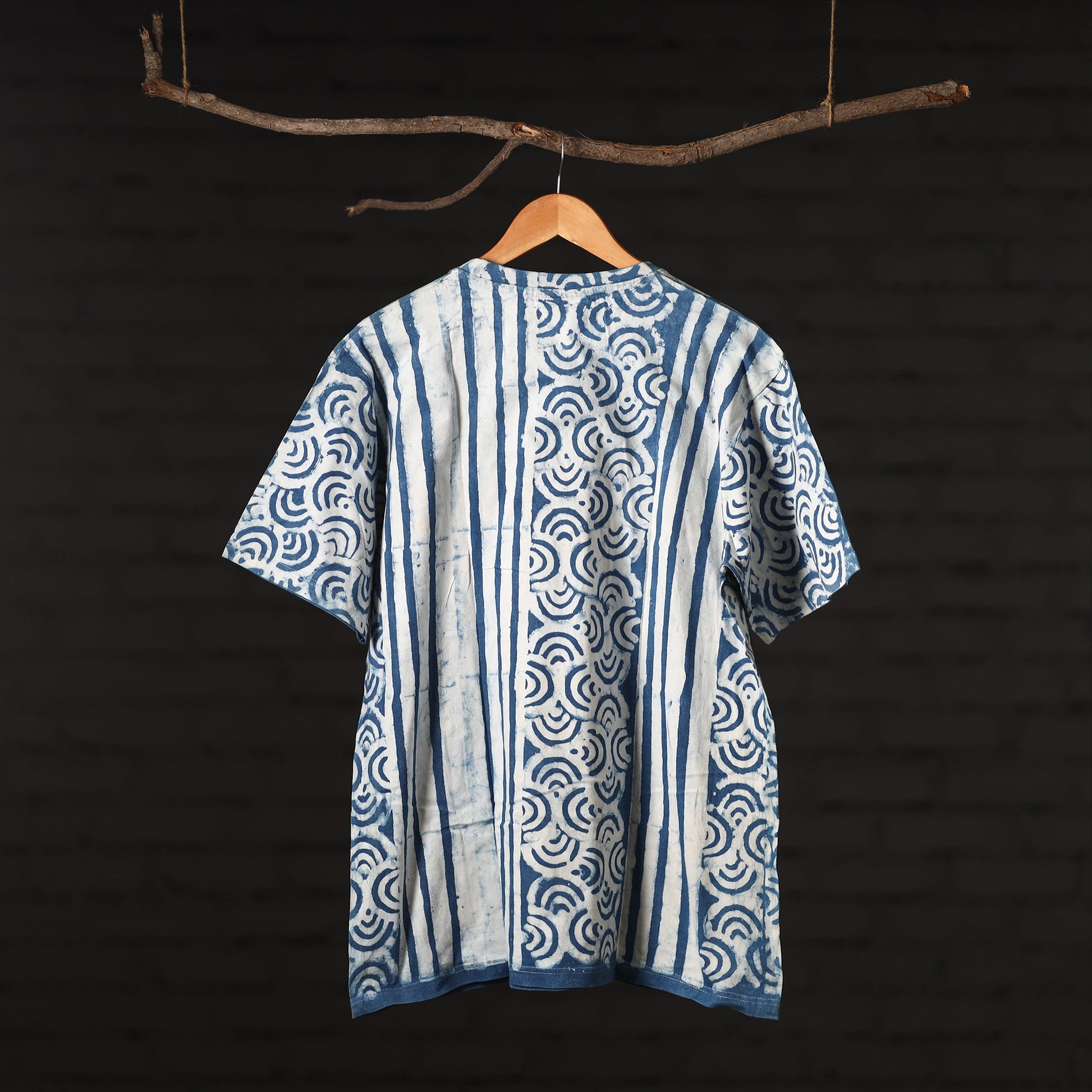 Blue - Bindaas Natural Dyed Art Block Print Round Neck T-shirt in Pure Cotton