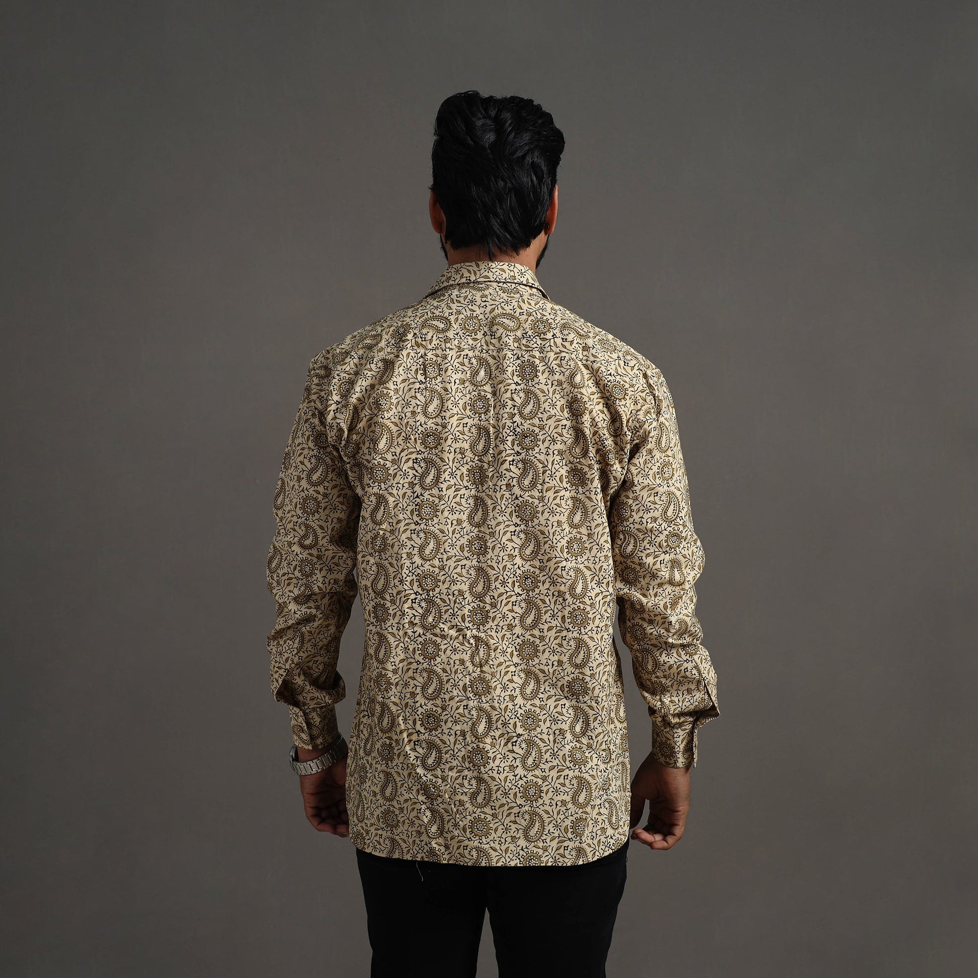 Beige - Pedana Kalamkari Block Print Cotton Men Full Sleeve Shirt