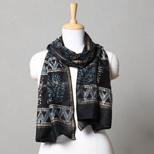 Black - Pipad Block Printed Chanderi Silk Handloom Stole