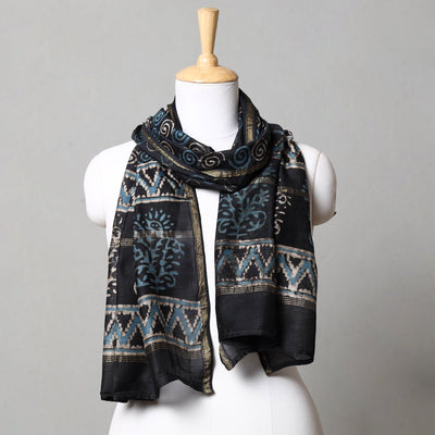 Black - Pipad Block Printed Chanderi Silk Handloom Stole
