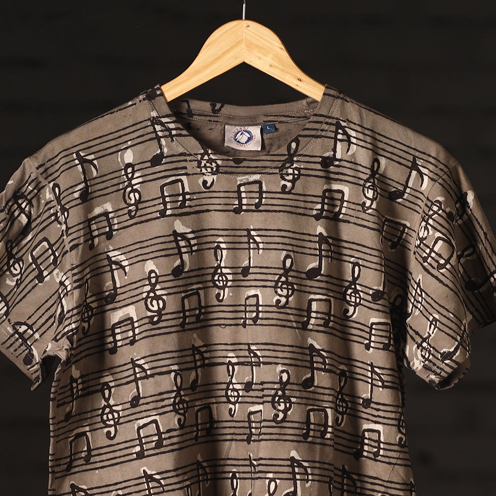Brown - Bindaas Natural Dyed Art Block Print Round Neck T-shirt in Pure Cotton